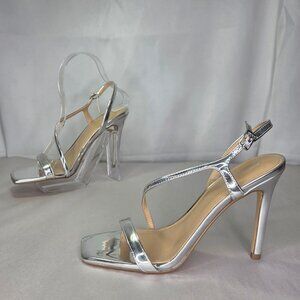 Calvin Klein Women's Tansley Strappy Heeled Sandal - Silver Mirror Metallic
